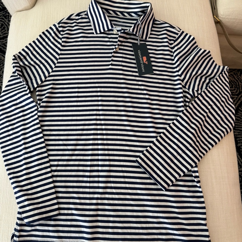 Vineyard Vines Navy and White Striped Long Sleeve Polo